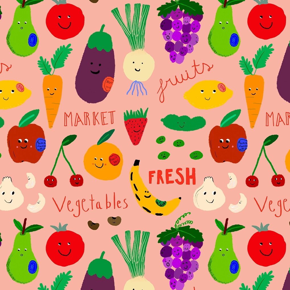 Estampado de frutas y verduras ilustradas para Lori Barcelona por Lusiet, diseño colorido y hecho con tela reciclada