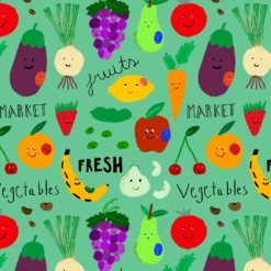 Estampado de frutas y verduras ilustradas para Lori Barcelona por Lusiet, diseño colorido y hecho con tela reciclada