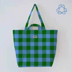 Bolsa de asas de cuadros vichy azul y verde y sostenible de Lori Barcelona